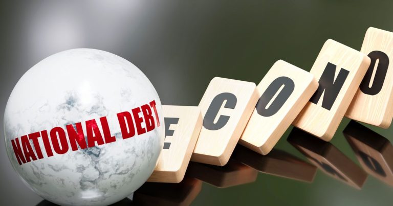 A sphere labeled National Debt knocking over dominoes spelling out Economy